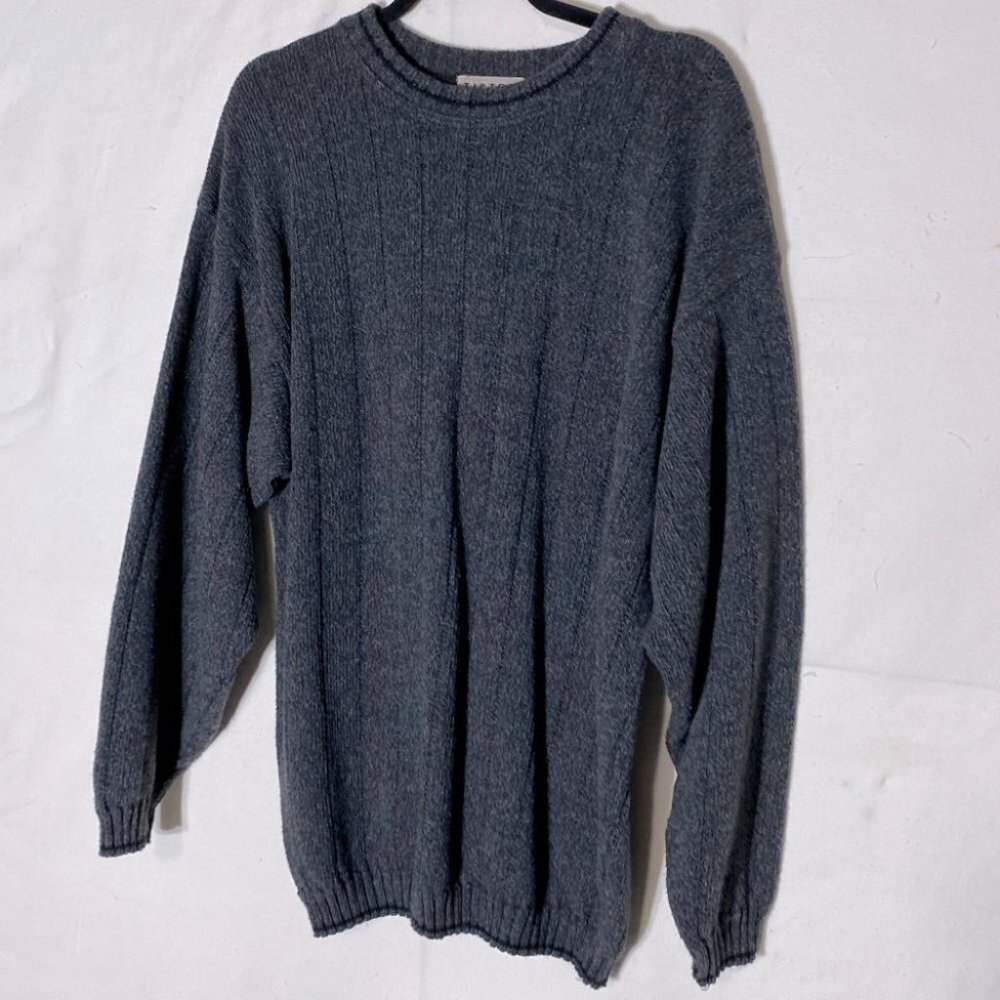 Vintage 90s Tip Top Charcoal Grey Cotton Acrylic Knit Crew Neck Sweater XL